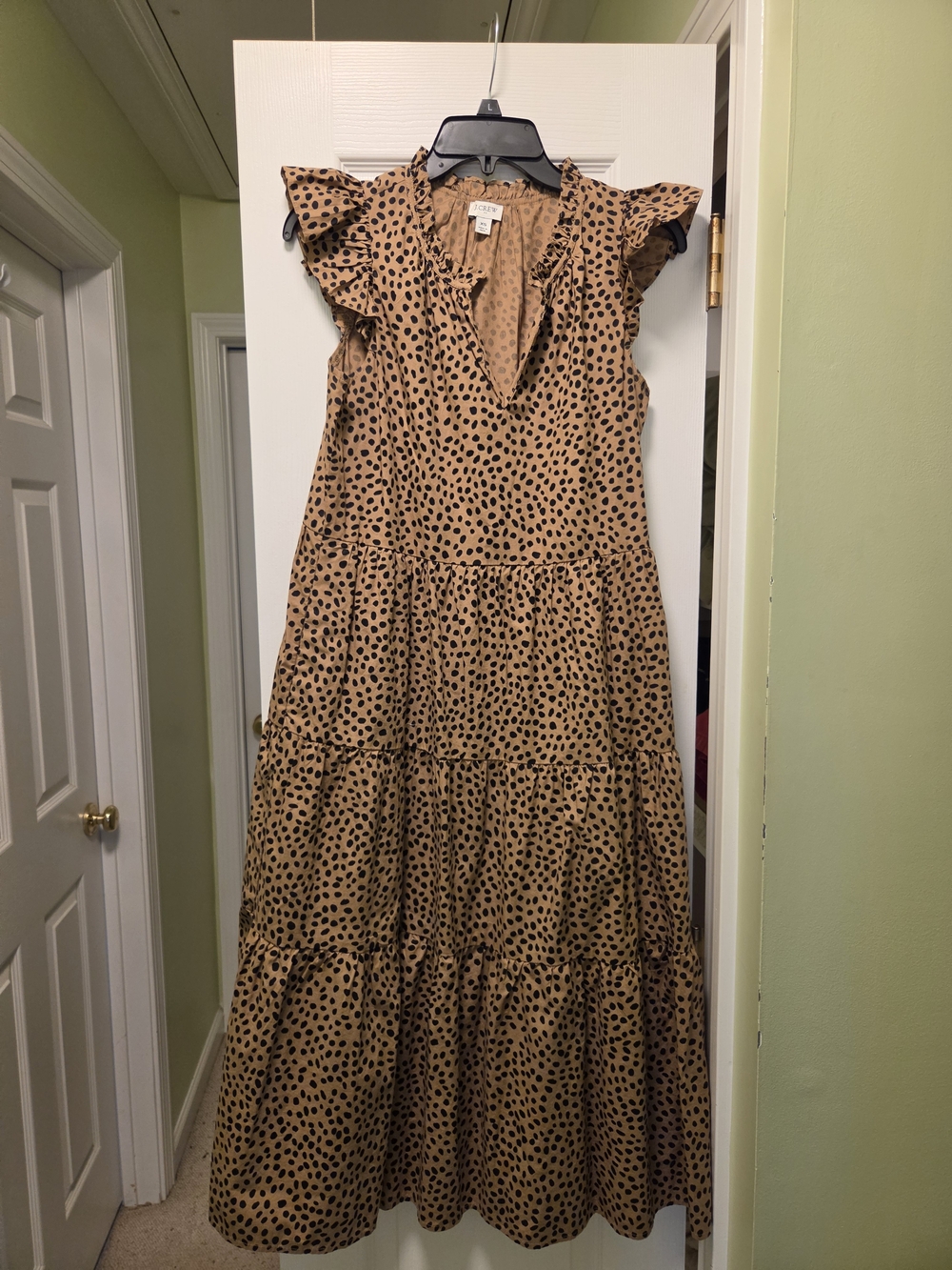 J. Crew Tan and Black Spotted Tiered Maxi Dress